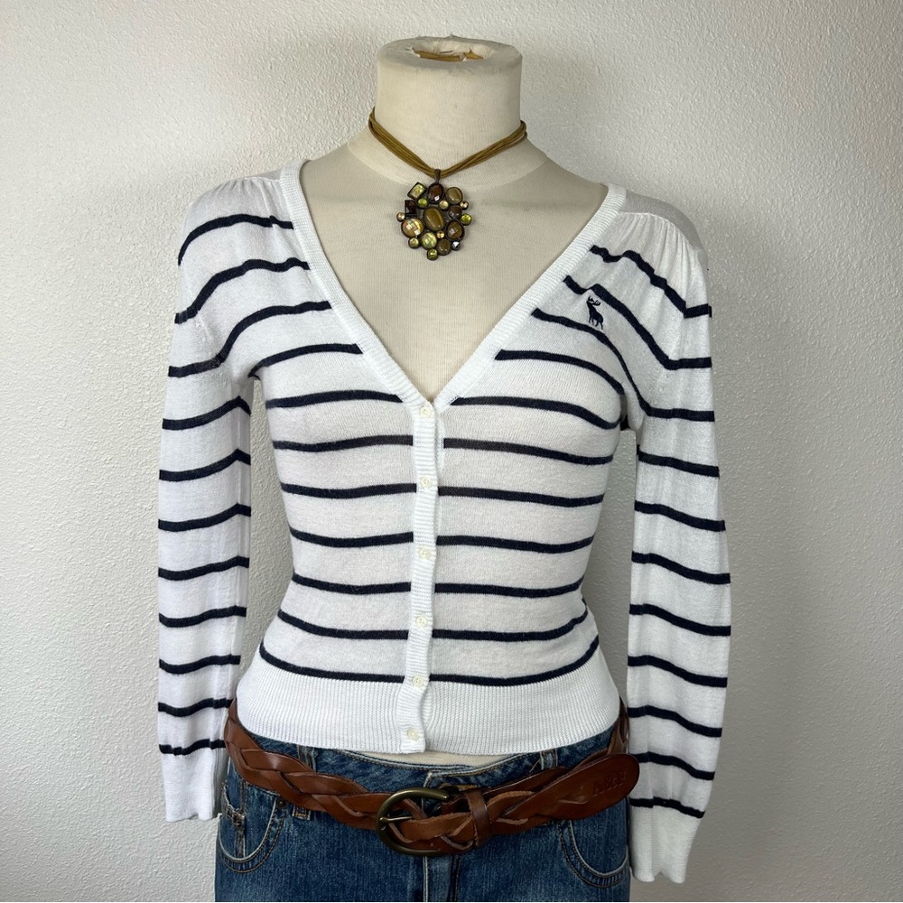 Abercrombie & Fitch White and Navy Blue V-Neck Sweater